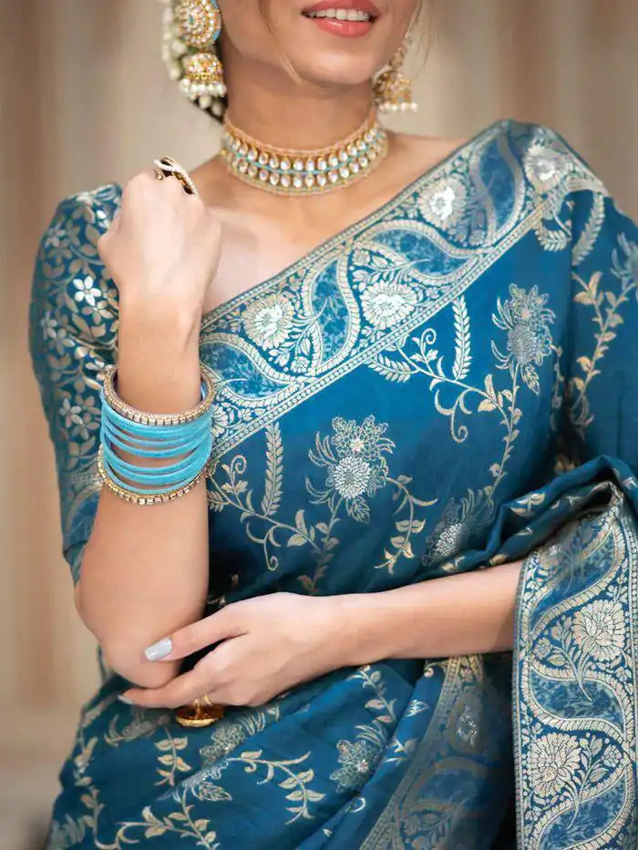 Bright Blue Color Soft Litchi Silk All Over Weaving Saree - Image 2