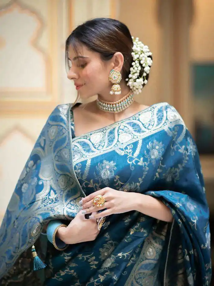 Bright Blue Color Soft Litchi Silk All Over Weaving Saree - Image 3
