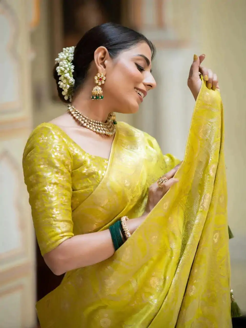 Bright Lemon Yellow Color Soft Litchi Silk All Over Weaving Saree - Image 2