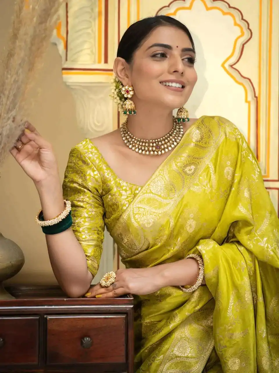 Bright Lemon Yellow Color Soft Litchi Silk All Over Weaving Saree - Image 3