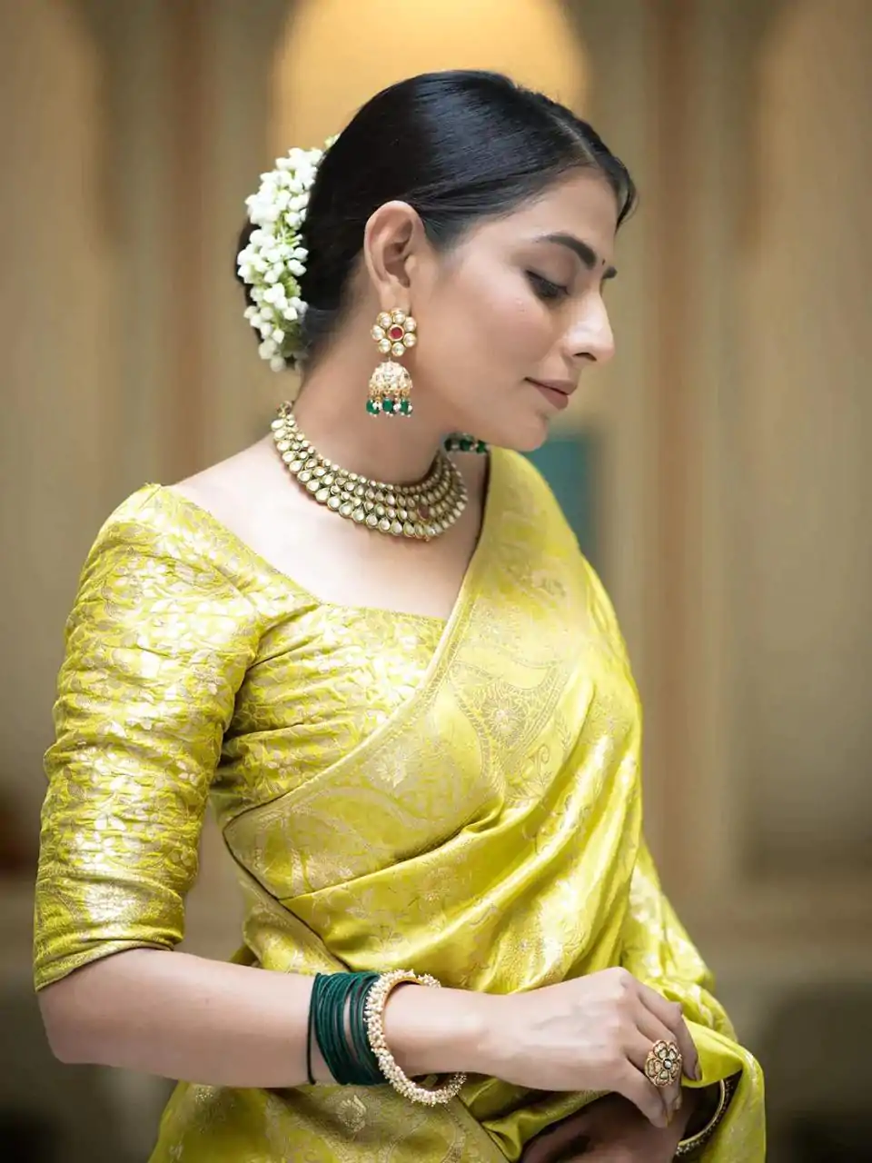 Bright Lemon Yellow Color Soft Litchi Silk All Over Weaving Saree - Image 4