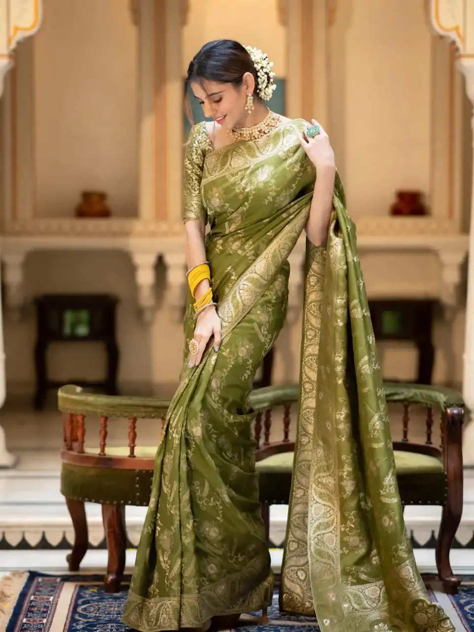 Bright Mehandi Color Soft Litchi Silk All Over Weaving Saree - Image 2
