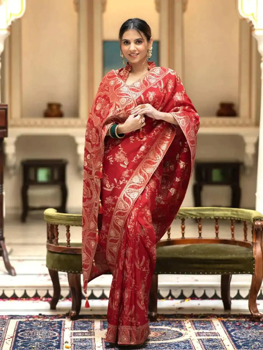 Bright Red Color Soft Litchi Silk All Over Weaving Saree - Image 2