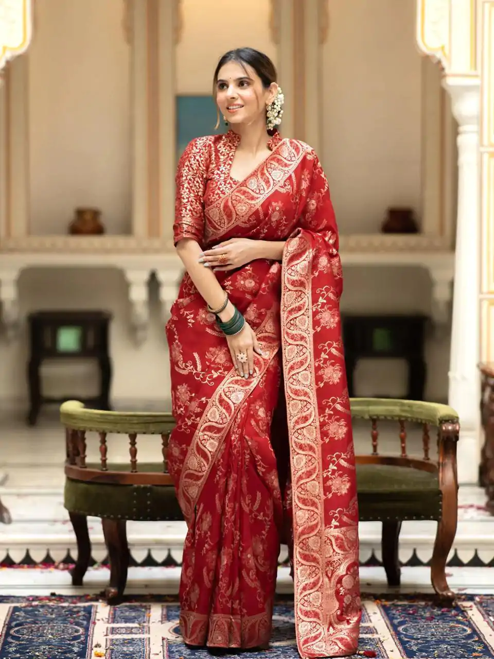 Bright Red Color Soft Litchi Silk All Over Weaving Saree