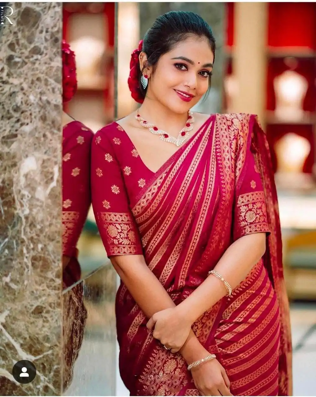 Bright Red Color Soft Litchi Silk On All Over Saree - Image 2