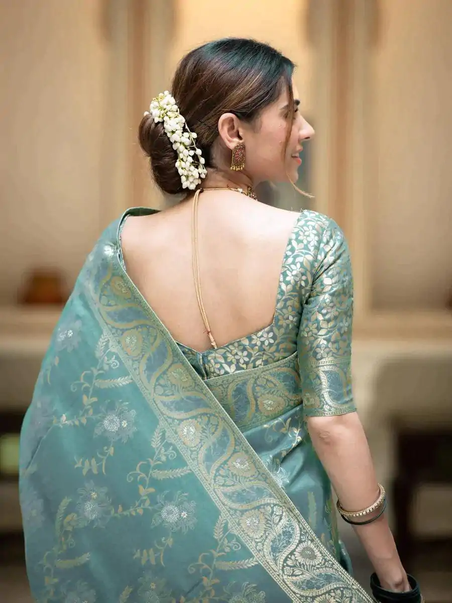 Bright Sky Blue Color Soft Litchi Silk All Over Weaving Saree - Image 2