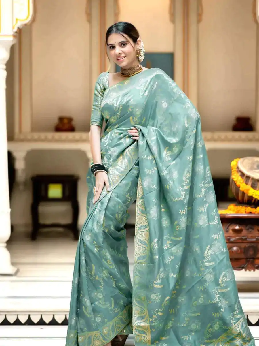 Bright Sky Blue Color Soft Litchi Silk All Over Weaving Saree - Image 3