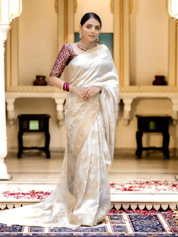 Bright White Color Soft Litchi Silk All Over Weaving Saree