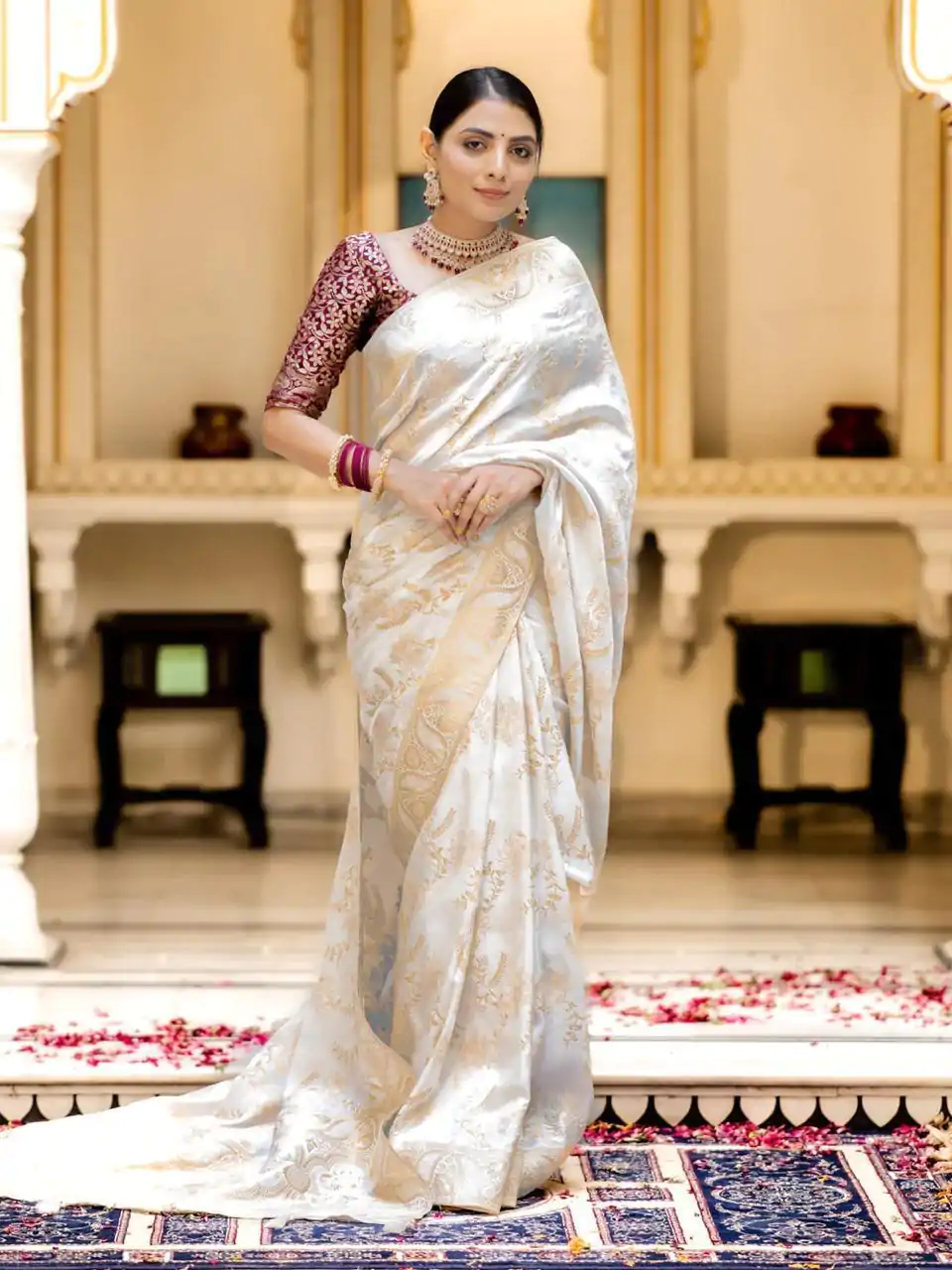 Bright White Color Soft Litchi Silk All Over Weaving Saree