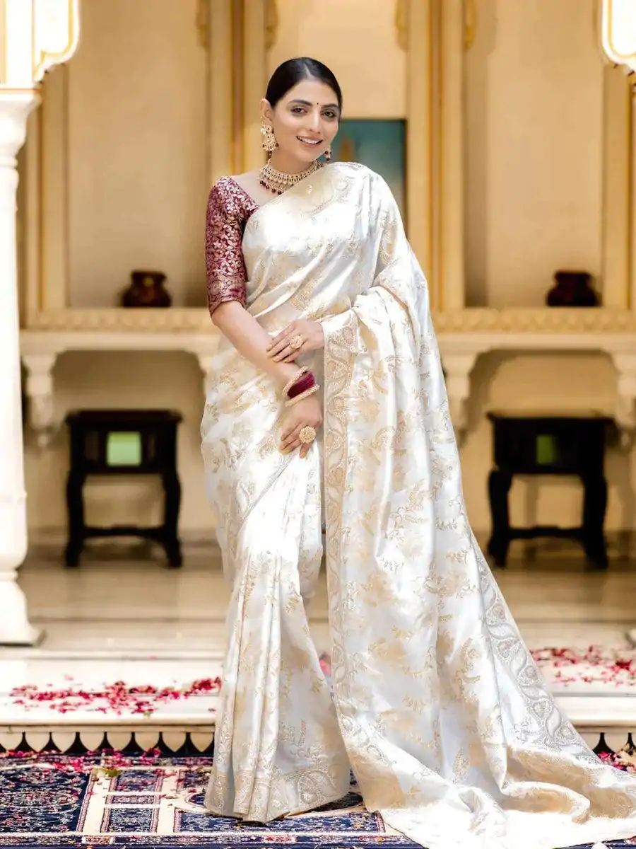 Bright White Color Soft Litchi Silk All Over Weaving Saree - Image 3