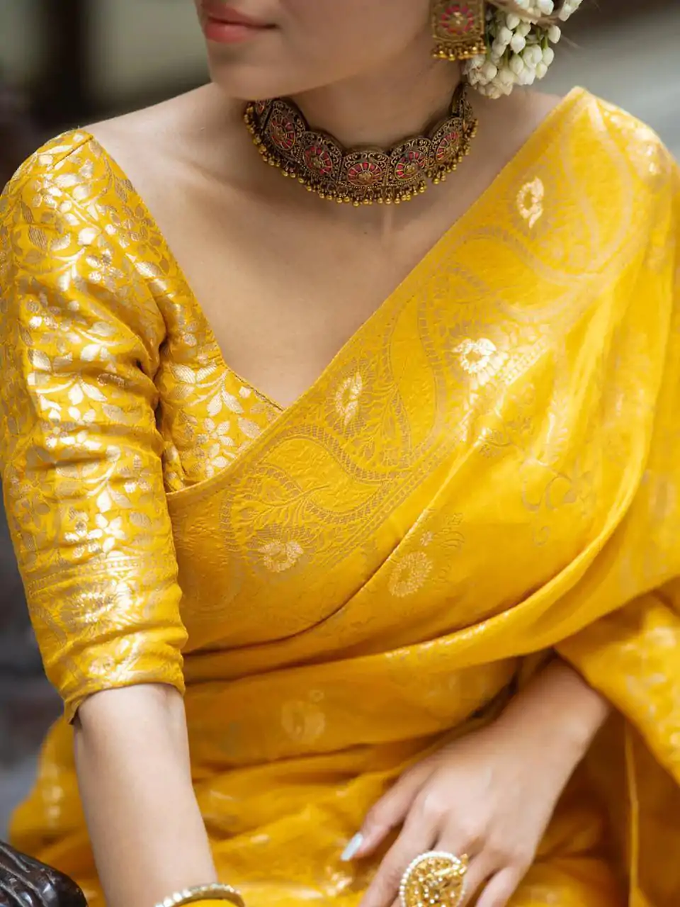 Bright Yellow Color Soft Litchi Silk All Over Weaving Saree - Image 2