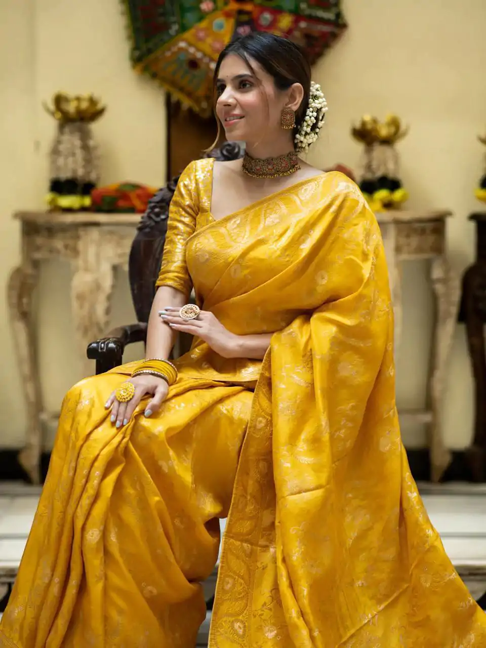 Bright Yellow Color Soft Litchi Silk All Over Weaving Saree - Image 3