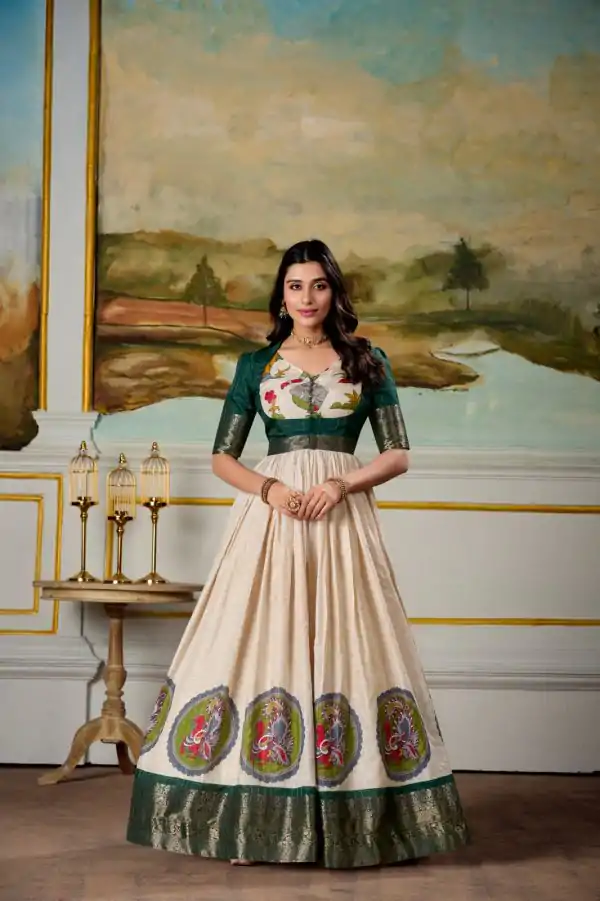 Classic Green Color Dola Silk Kalamkari Print Weaving Broder Gown
