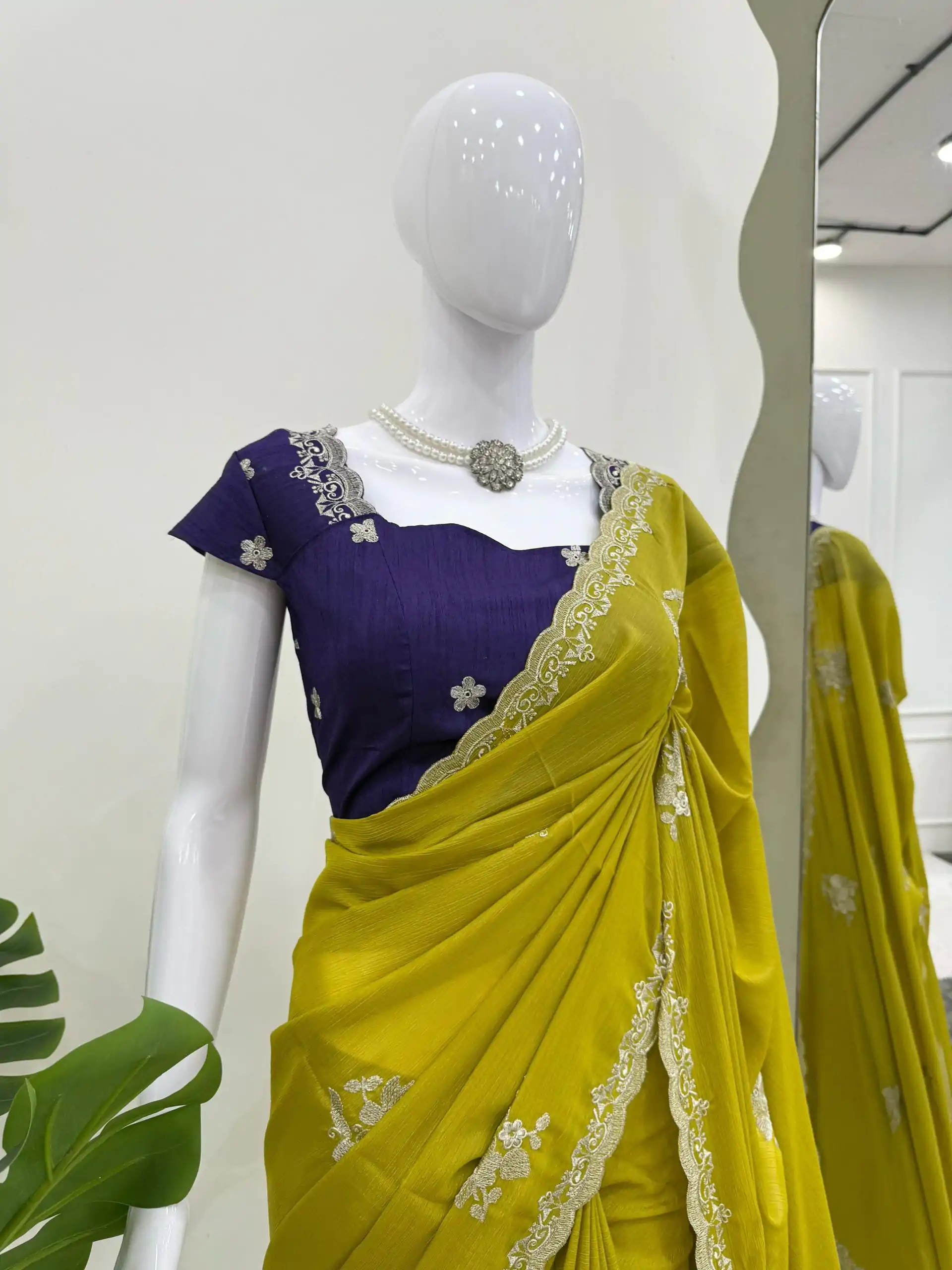 Classic Mustard Yellow Color Tesla Chiffon Work Thread Work Saree - Image 2