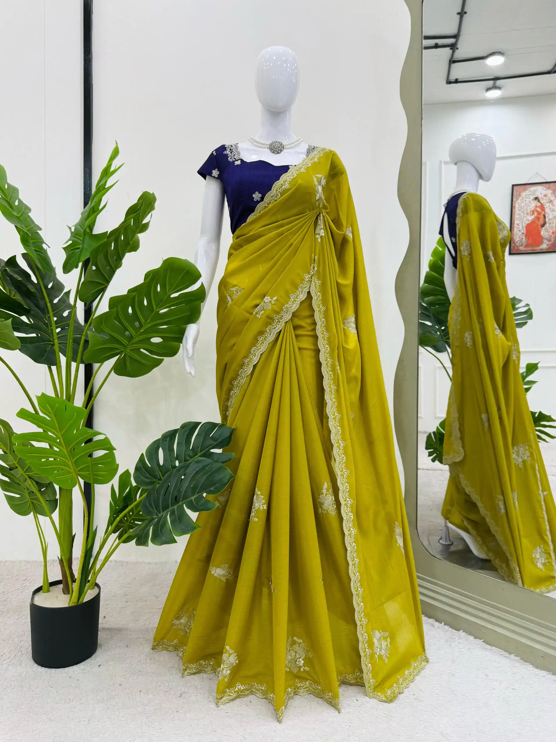 Classic Mustard Yellow Color Tesla Chiffon Work Thread Work Saree - Image 3