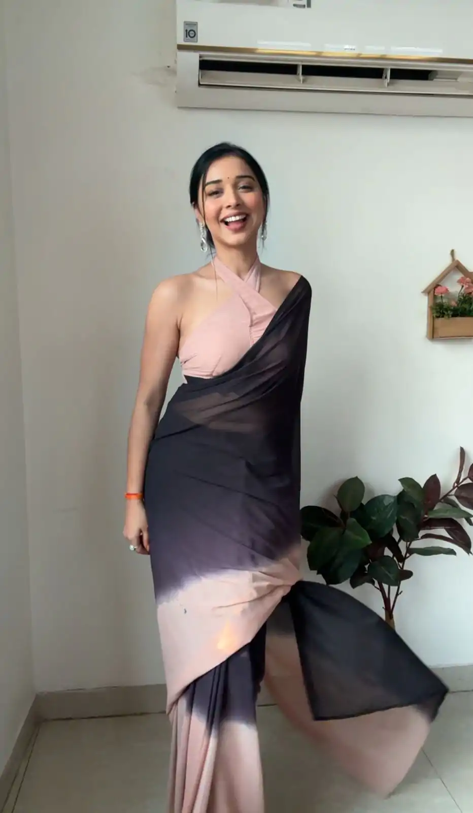 Classic Peach Black Color Soft Georgette Silk Ready To Wear Saree - Image 2