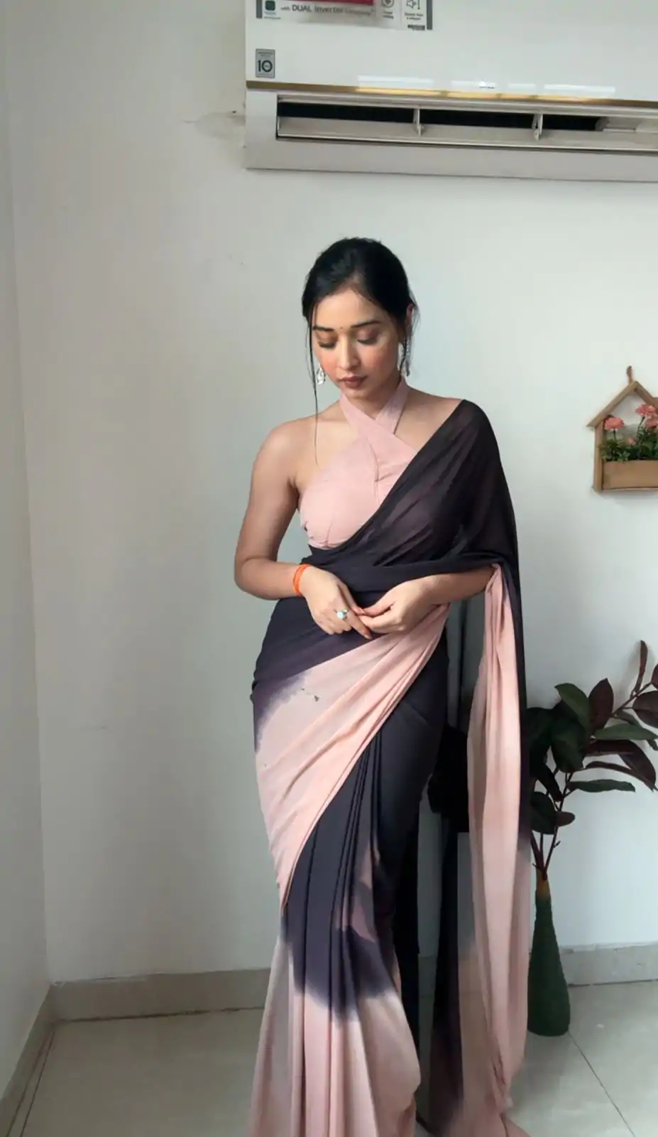 Classic Peach Black Color Soft Georgette Silk Ready To Wear Saree - Image 3