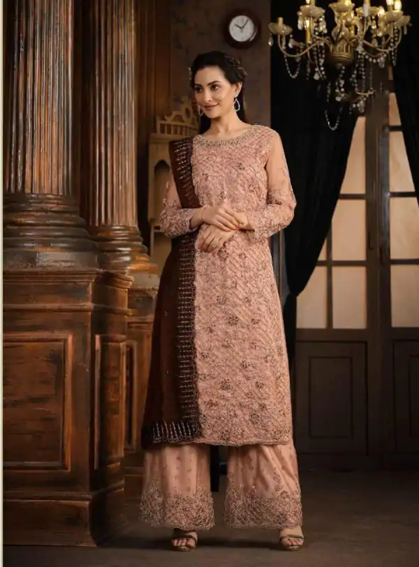 Classic Peach Color Net With Coding Sequence Work Salwar Suit