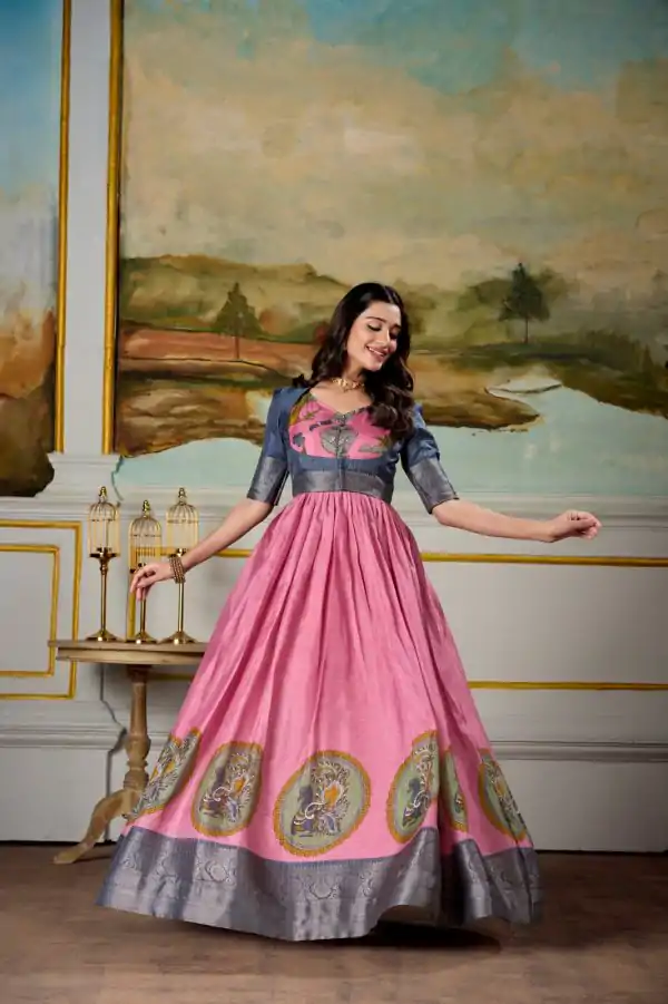 Classic Pink Color Dola Silk Kalamkari Print Weaving Broder Gown