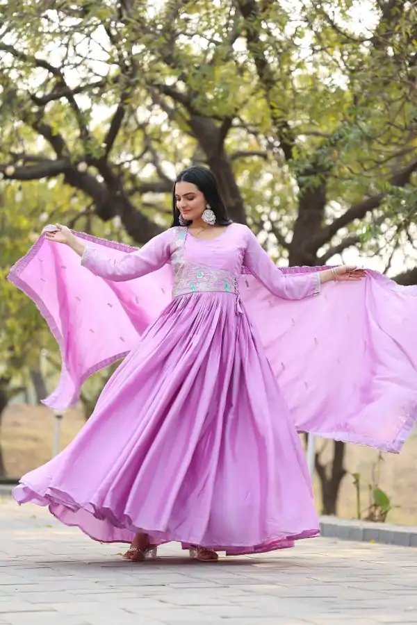 Classic Purple Color Chinon Sequence With Thread Work Gown