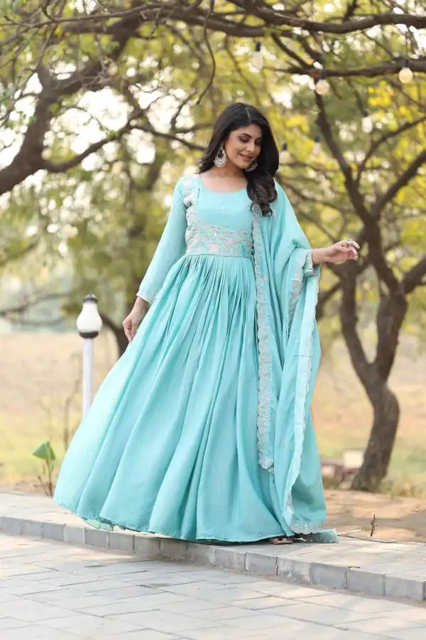 Classic Rama Color Chinon Sequence With Thread Work Gown