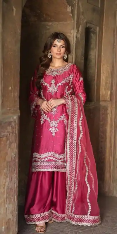 Classic Rani Pink Color Chinnon Silk Sequence Work Salwar Suit
