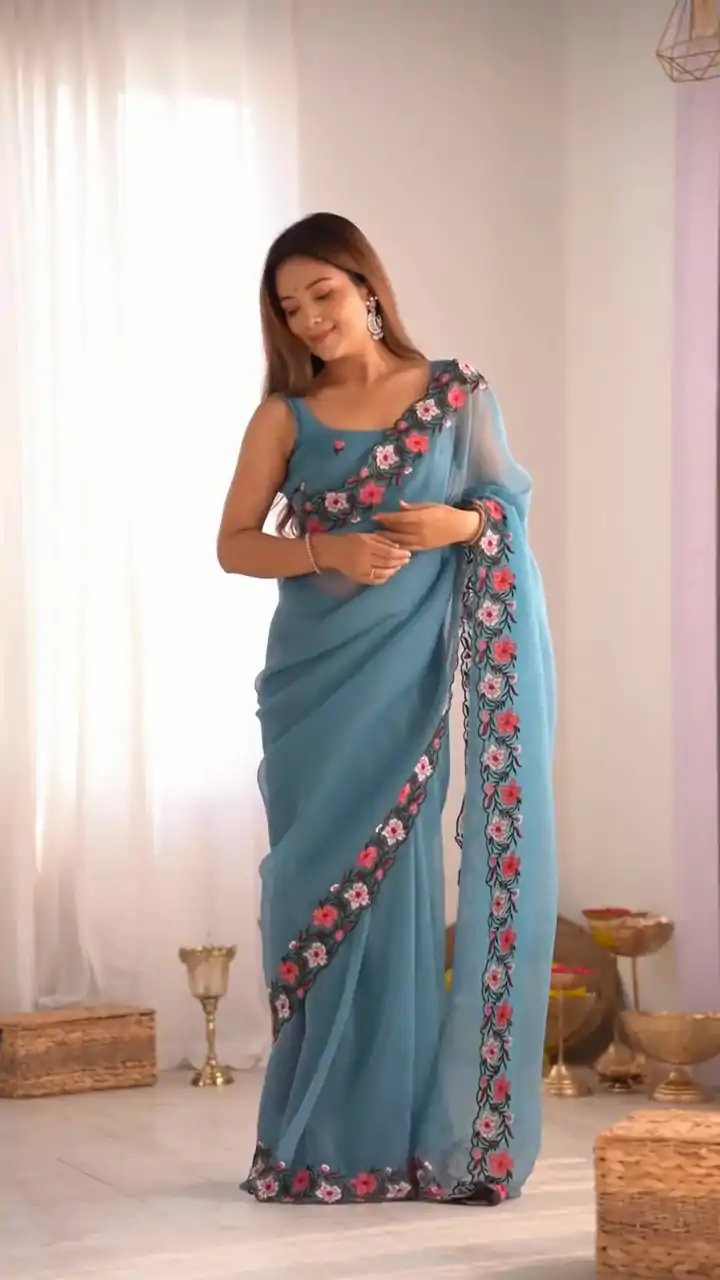 Classic Sky Blue Color Georgette Pastel Embroidery Multi Work Saree - Image 2