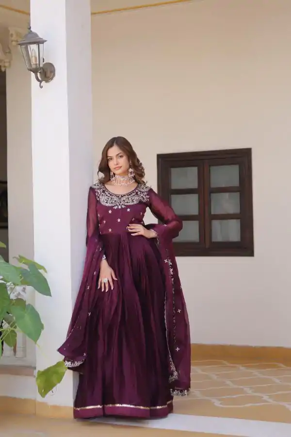 Classic Wine Color Burberry Silk Sequence Work Readmit Less Gown
