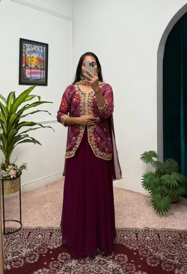 Classic Wine Color Printed Faux Georgette Embroidery Work Salwar Suit