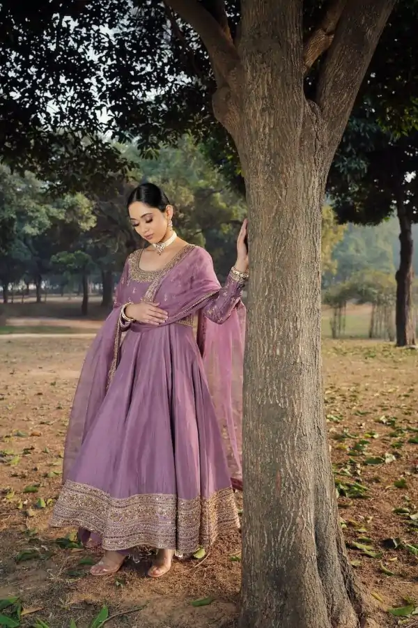 Cool Light Purple Color Roman Silk Embroidery Sequence Work Gown