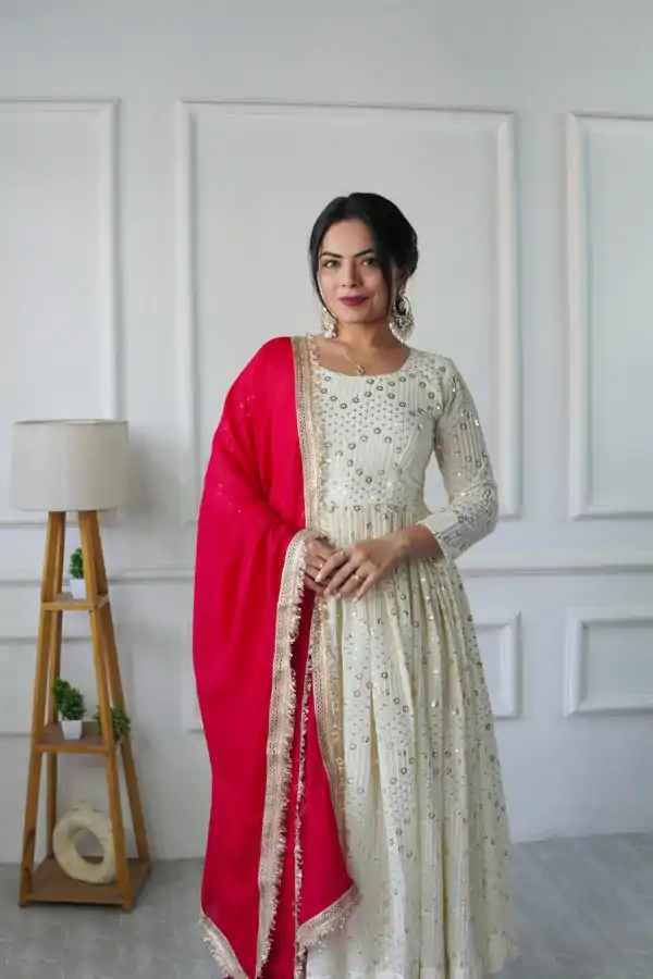 Dazzling Half White Color Georgette Embroidery Work Gown