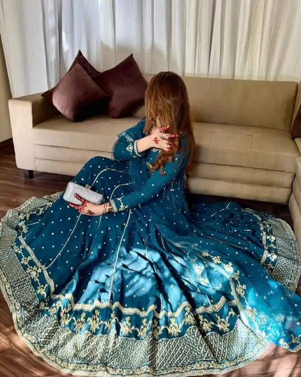 Elegant Rama Blue Color Star Georgette Embroidery Work Gown