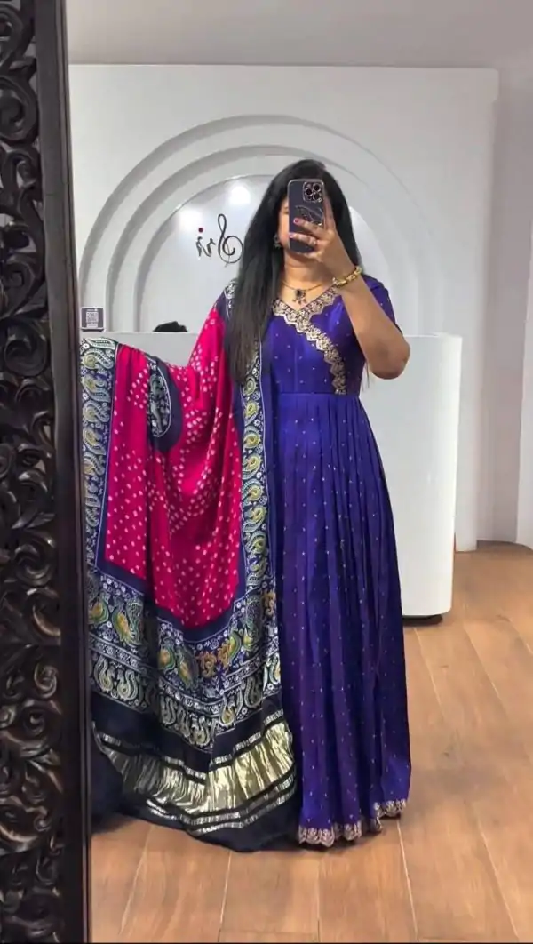 Elegant Royal Blue Color Chinon Thread Sequence Work Gown