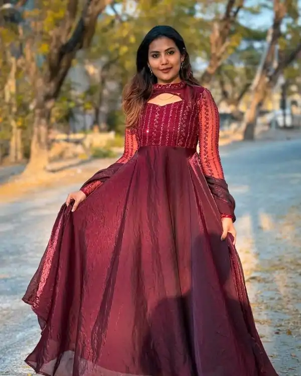 Excellent Red Color Jimmy Chu With Sequence Embroidery Work Gown