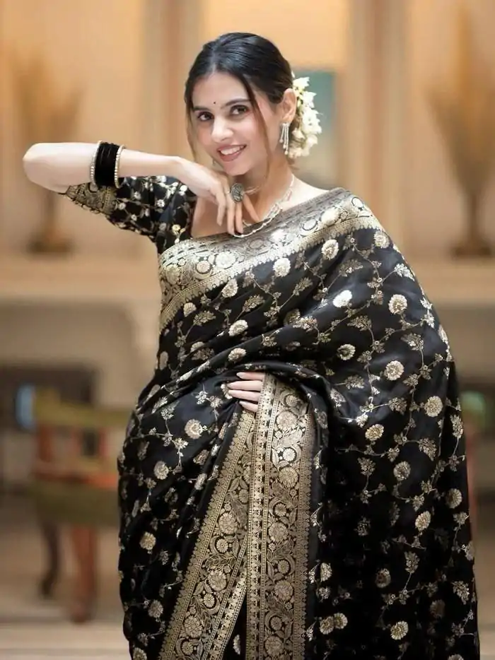 Fancy Black Color Soft Litchi Silk Kubera Pattu Saree - Image 2