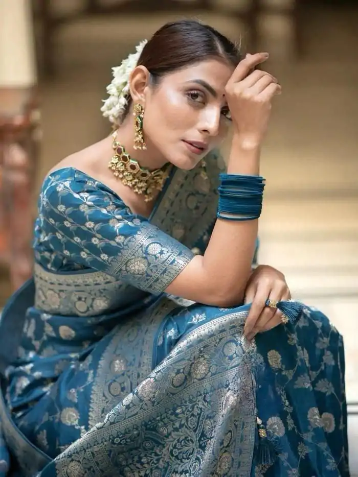 Fancy Blue Color Soft Litchi Silk Kubera Pattu Saree - Image 2
