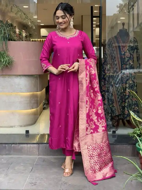 Fancy Rani Pink Color Roman Silk Coding Work Salwar Suit
