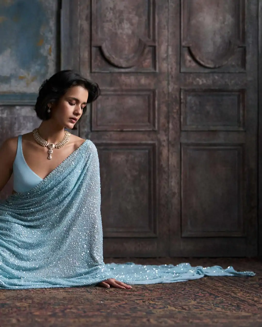 Fancy Sky Blue Color Georgette Khichdi Sequence Work Saree - Image 3