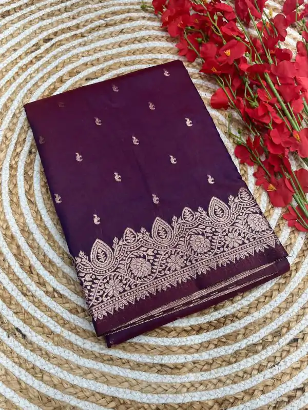 Wine Banarasi Silk Zari Weaving Pallu Saree