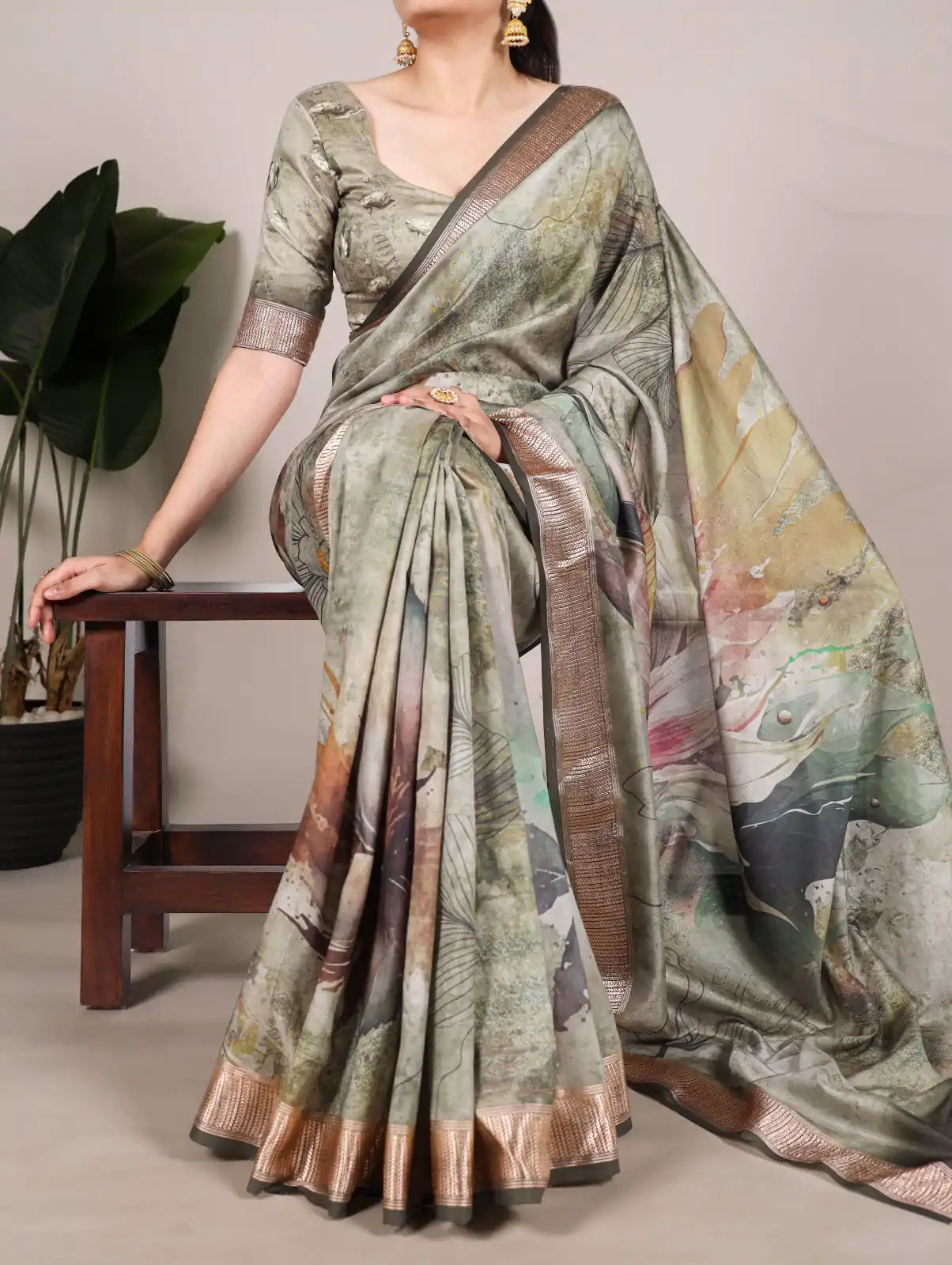 Glowing Brown Color Tushar Silk With Viscose Border Printed Saree