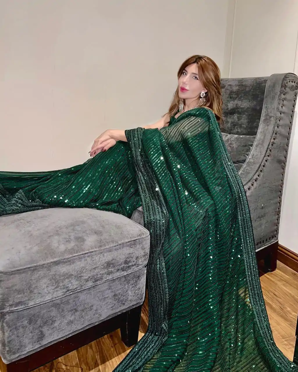 Glowing Green Color Fox Georgette Embroidery Sequence Work Saree - Image 3