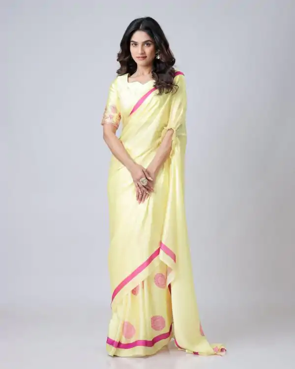 Glowing Lemon Yellow Color Japan Satin Digital Print Work Saree