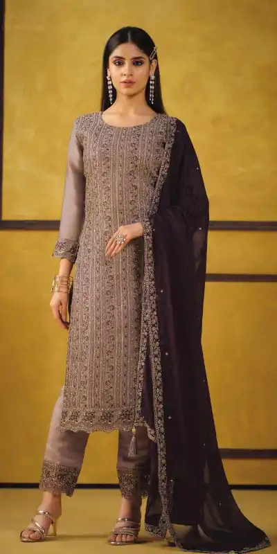 Glowing Light Brown Color Rangoli Coding Sequence Work Salwar Suit