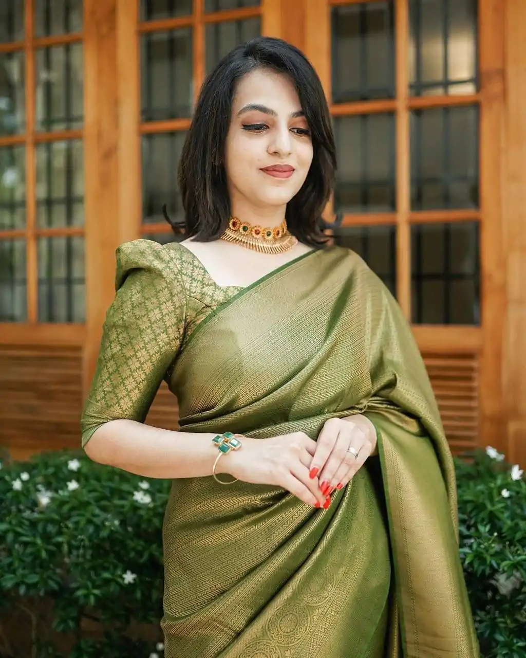 Glowing Mehndi Color Lichi Silk Jacquard Work On All Over Saree - Image 2