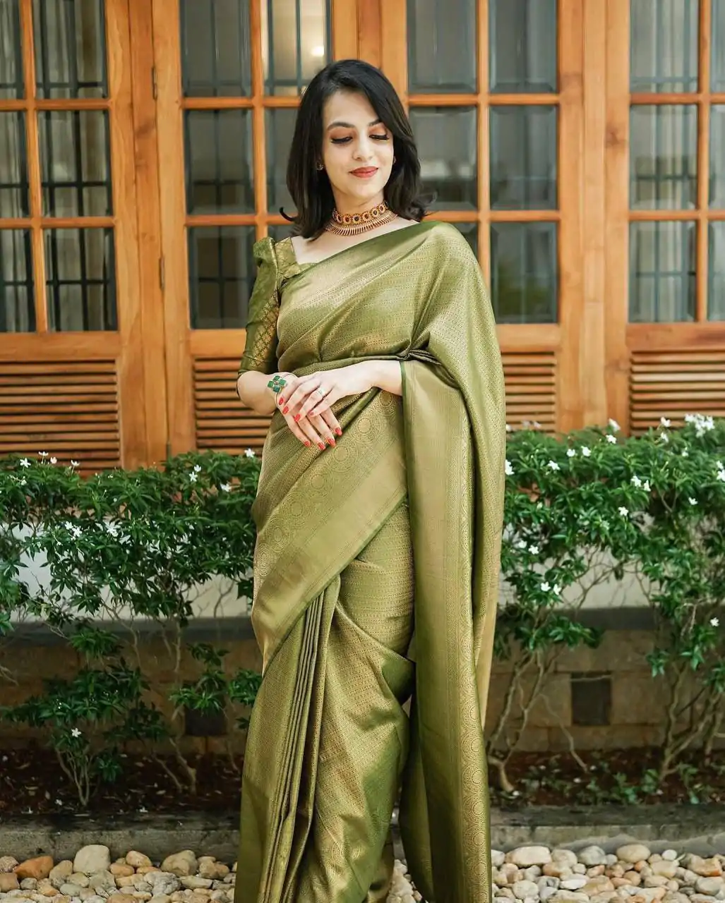 Glowing Mehndi Color Lichi Silk Jacquard Work On All Over Saree - Image 7