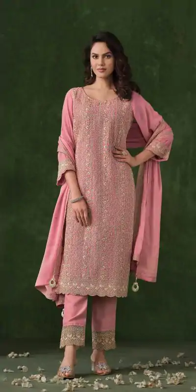 Glowing Peach Color Rangoli Coding Sequence Work Salwar Suit