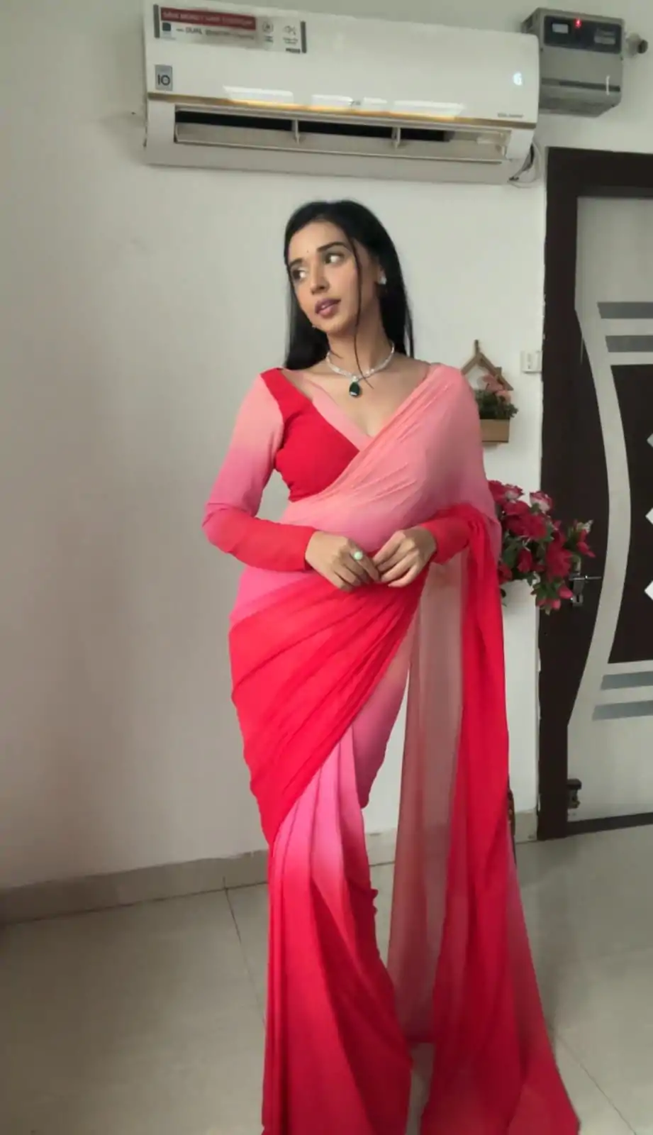 Glowing Pink And Red Color Soft Georgette Silk Ready To Wear Saree