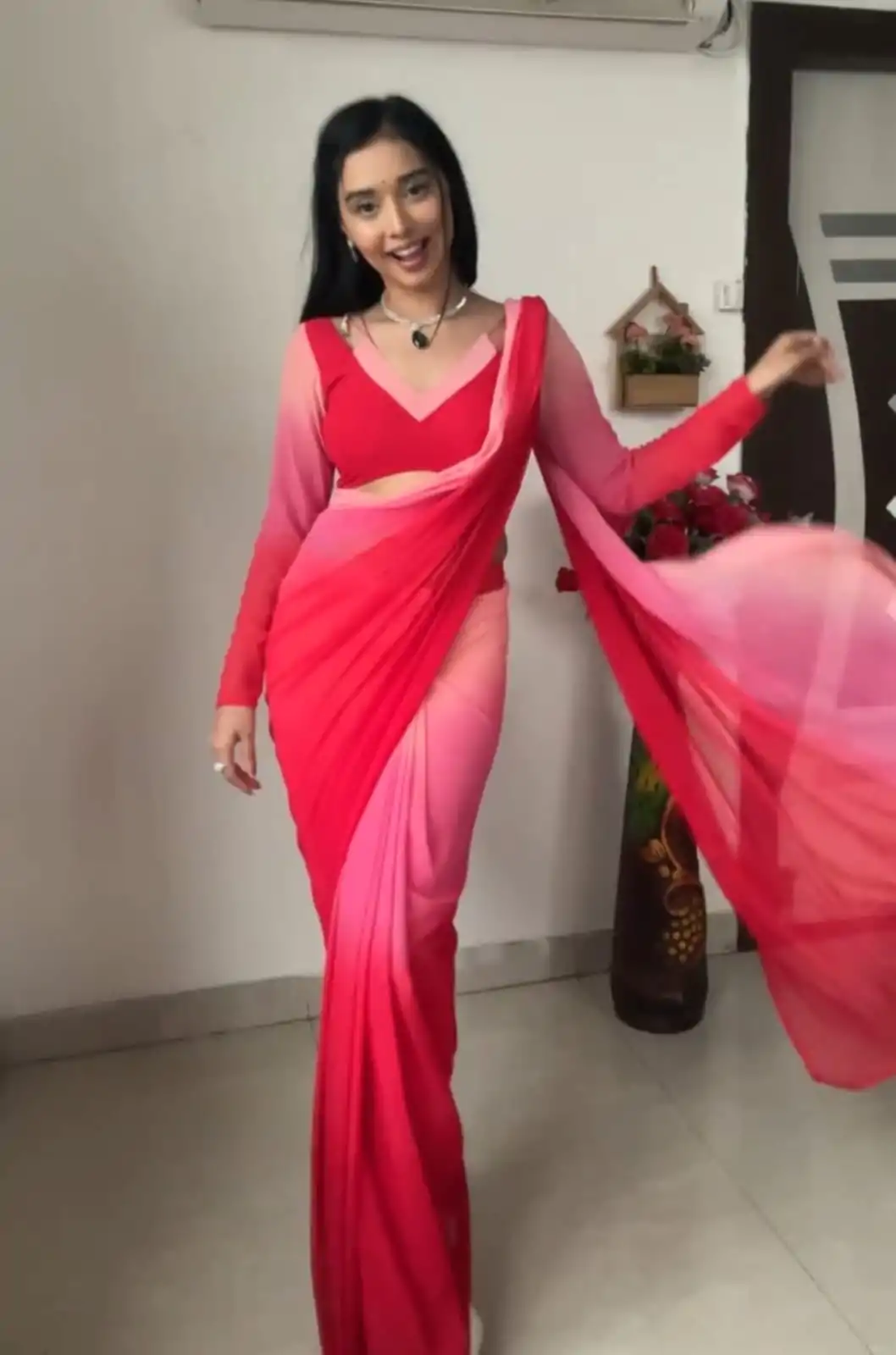 Glowing Pink And Red Color Soft Georgette Silk Ready To Wear Saree - Image 2