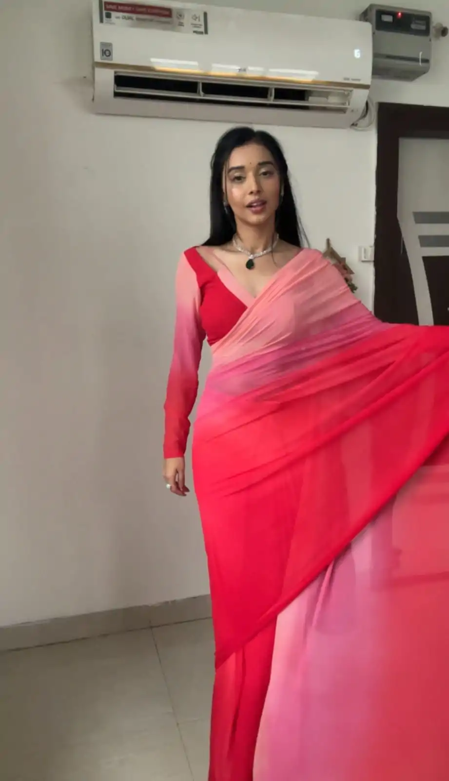 Glowing Pink And Red Color Soft Georgette Silk Ready To Wear Saree - Image 3
