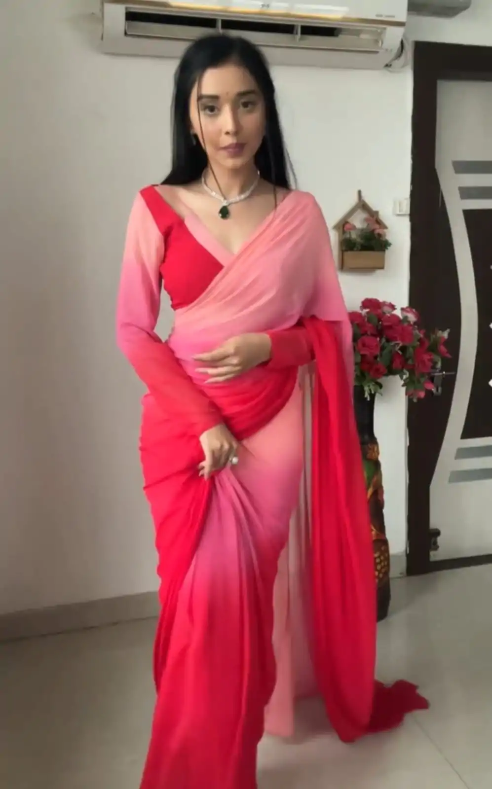 Glowing Pink And Red Color Soft Georgette Silk Ready To Wear Saree - Image 4
